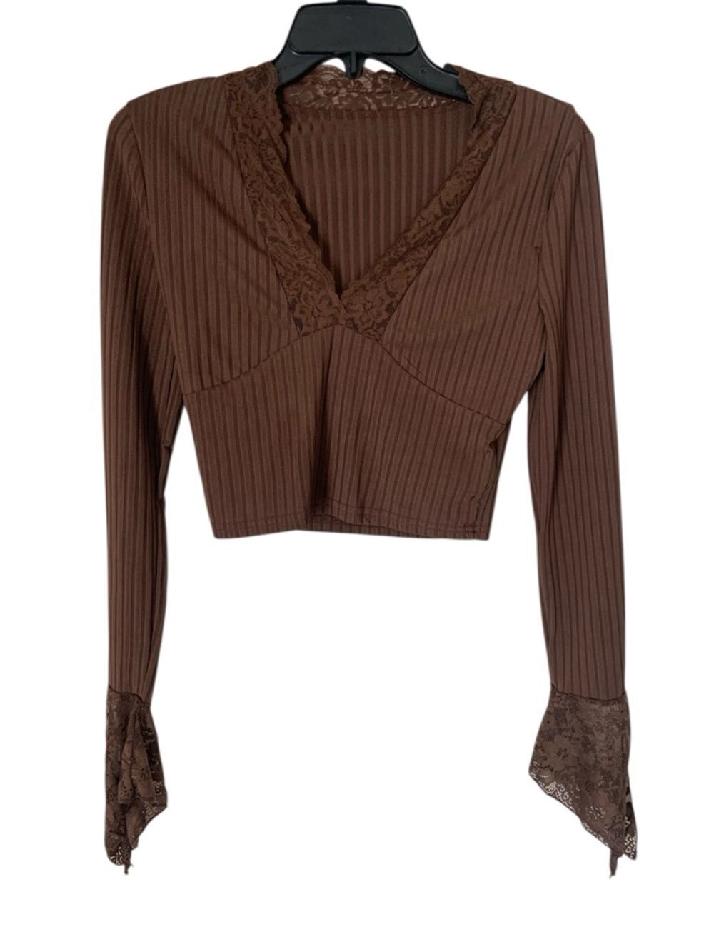 SHEIN Forest Fairy Brown Ribbed Lace-Trim Long Sleeve Crop Top Whimsy Grunge S